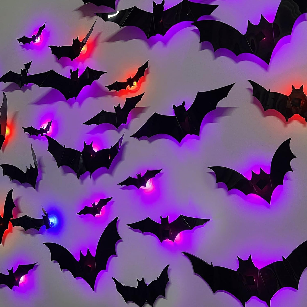 36 3d pvc bats in 10 assorted designs with pre-scored fold lines for adjustable wing poses