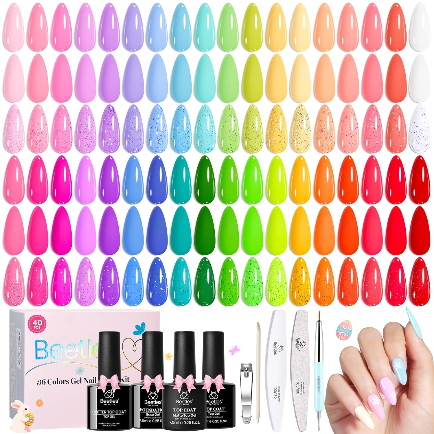 36 pastel/neon/rainbow gel polish colors in 5ml bottles
