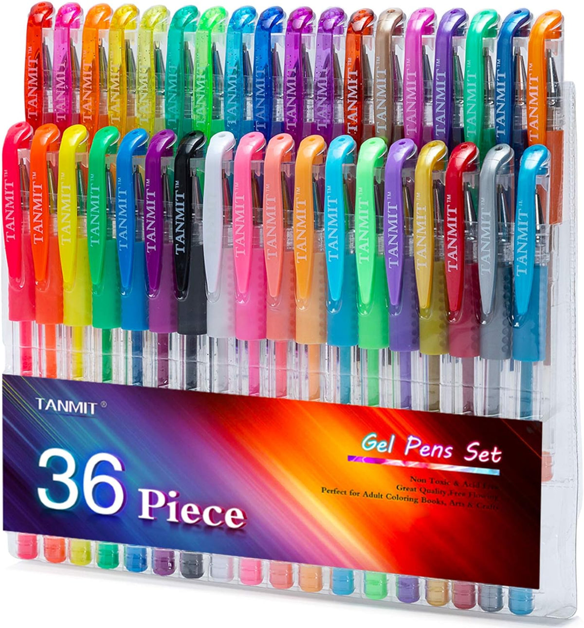 36 premium gel pens in five categories: 12 glitter, 10 metallic, 7 neon, 6 pastel, 1 classic