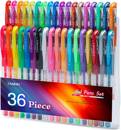 36 premium gel pens in five categories: 12 glitter, 10 metallic, 7 neon, 6 pastel, 1 classic