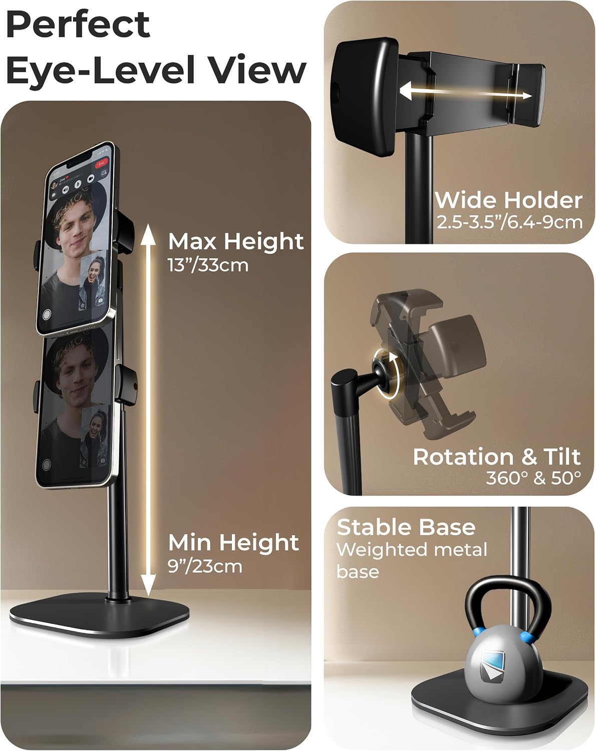 360-degree rotation and swivel head for flexible angles