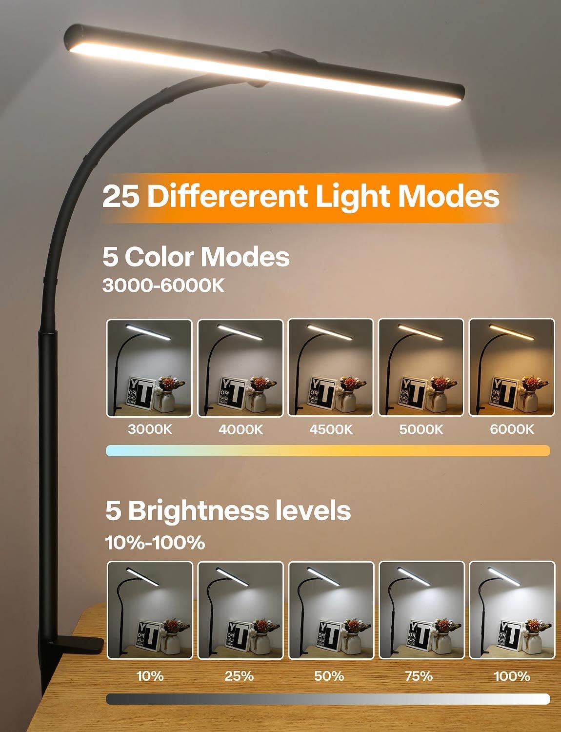 360° flexible gooseneck with height adjustment from 14 to 31 inches