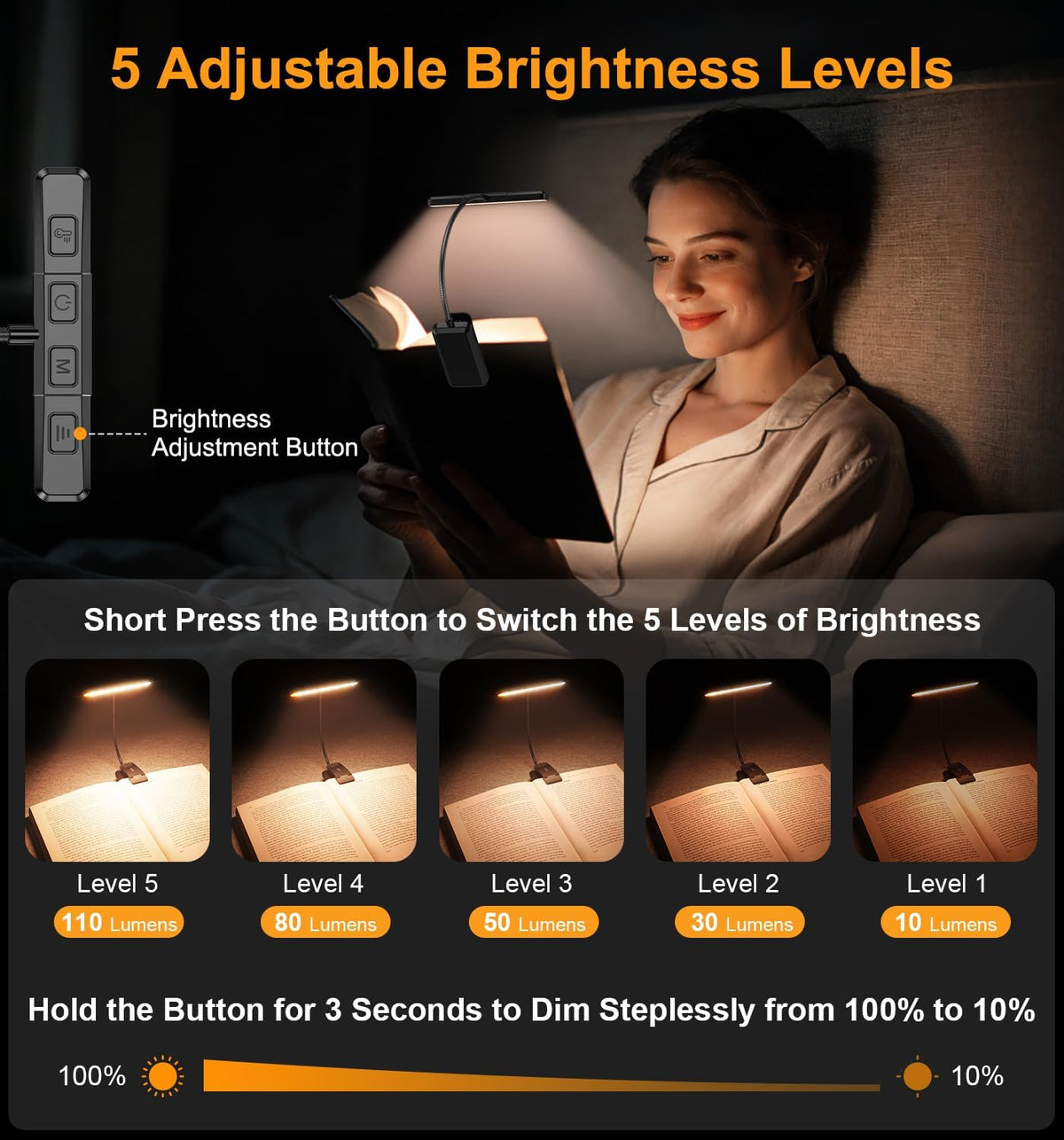 360° flexible metal gooseneck with non-slip silicone-padded clip for books, e-readers, and shelves