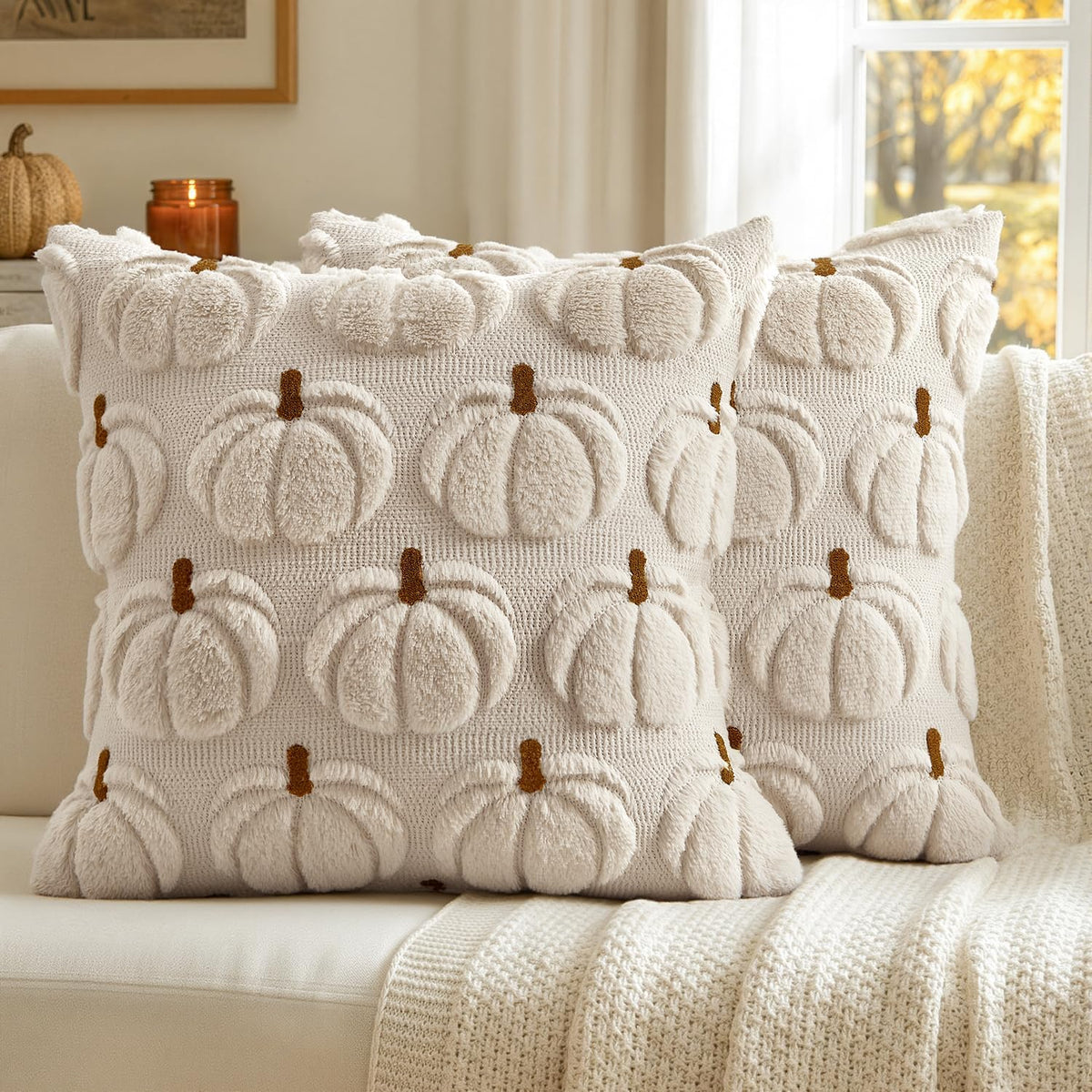 3d tufted looped embroidery of pumpkin design with contrasting brown stem detail