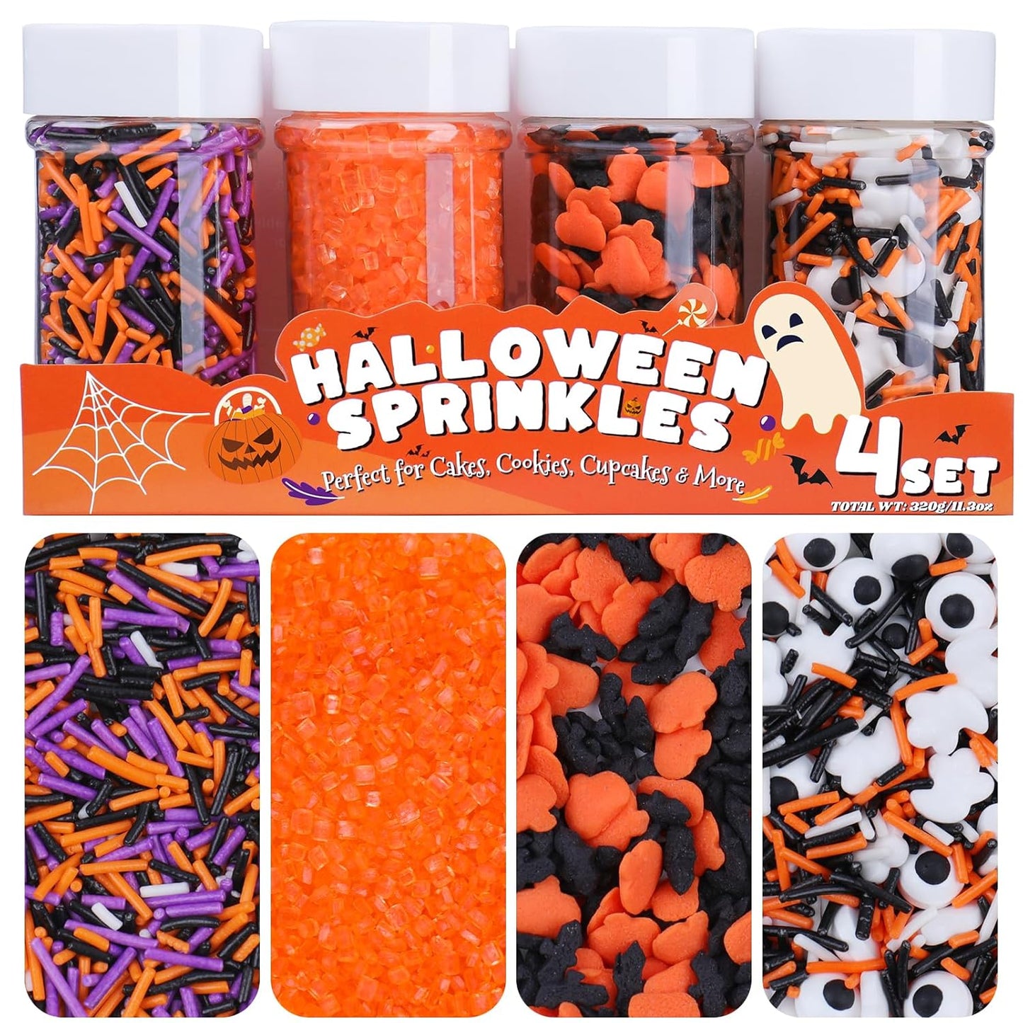 4-bottle set totaling 320g (11.3oz) of halloween-themed sprinkles