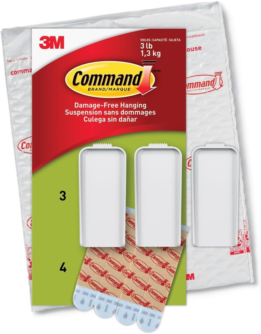 4 large command strips rated to hold 3 lbs each
