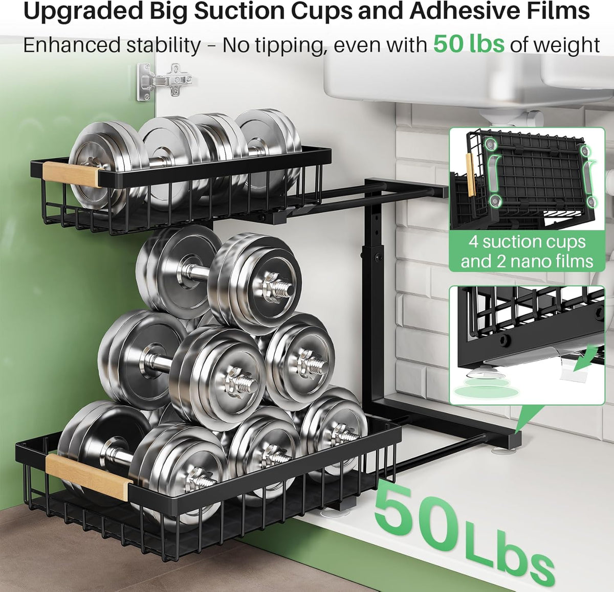 4 large suction cups plus 2 nano adhesive films for non-slip stability on cabinet floors