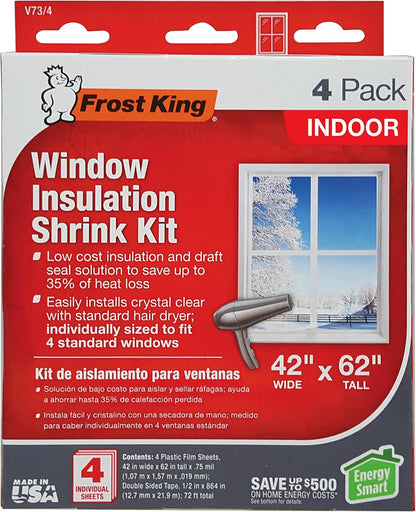 4-pack of 62 in. l x 42 in. w clear shrink film sheets covering 4 standard windows