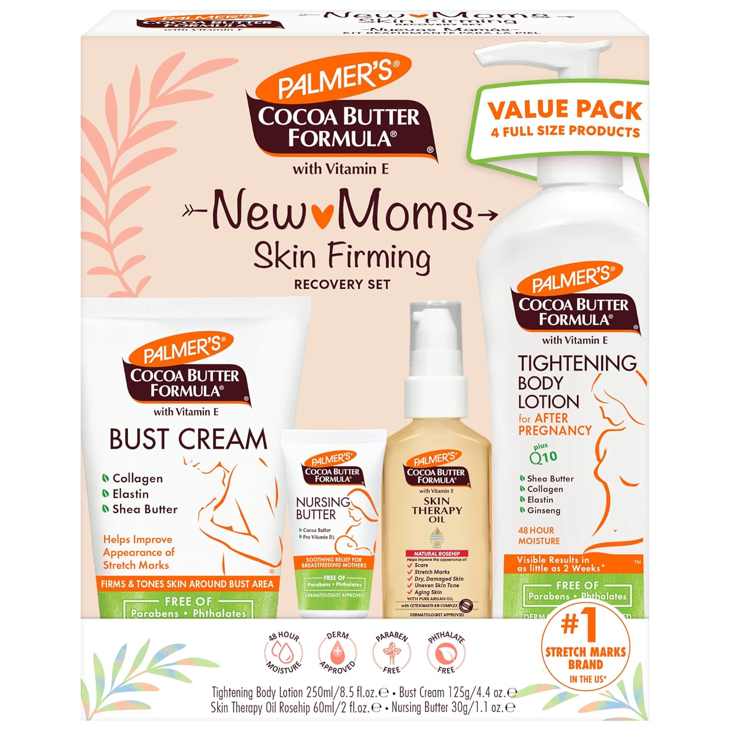 4-piece coordinated set: tightening body lotion (8.5 oz) with q10, nursing butter (1.1 oz), bust cream (4.4 oz), and rosehip skin therapy oil (2 oz)