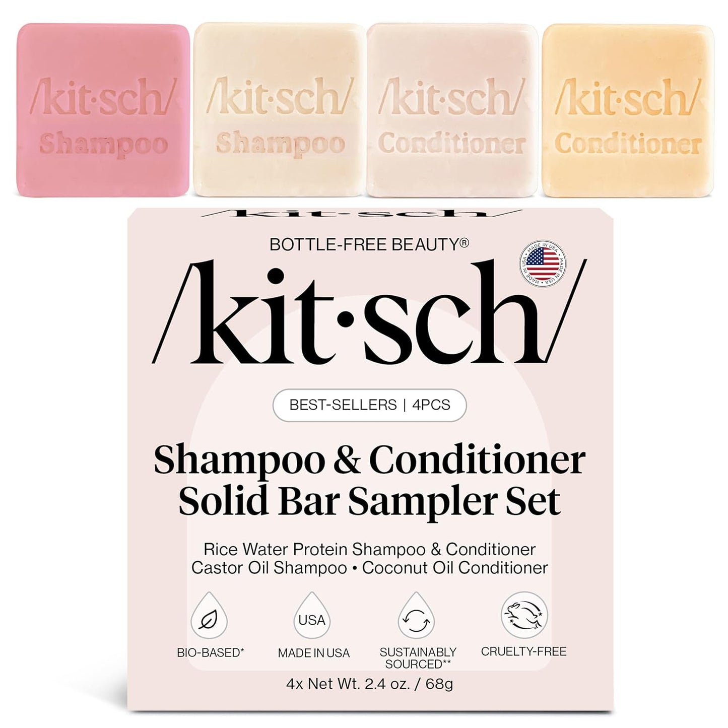 4-piece sampler with 2 shampoo bars (rice water, castor oil) and 2 conditioner bars (rice water, coconut oil)