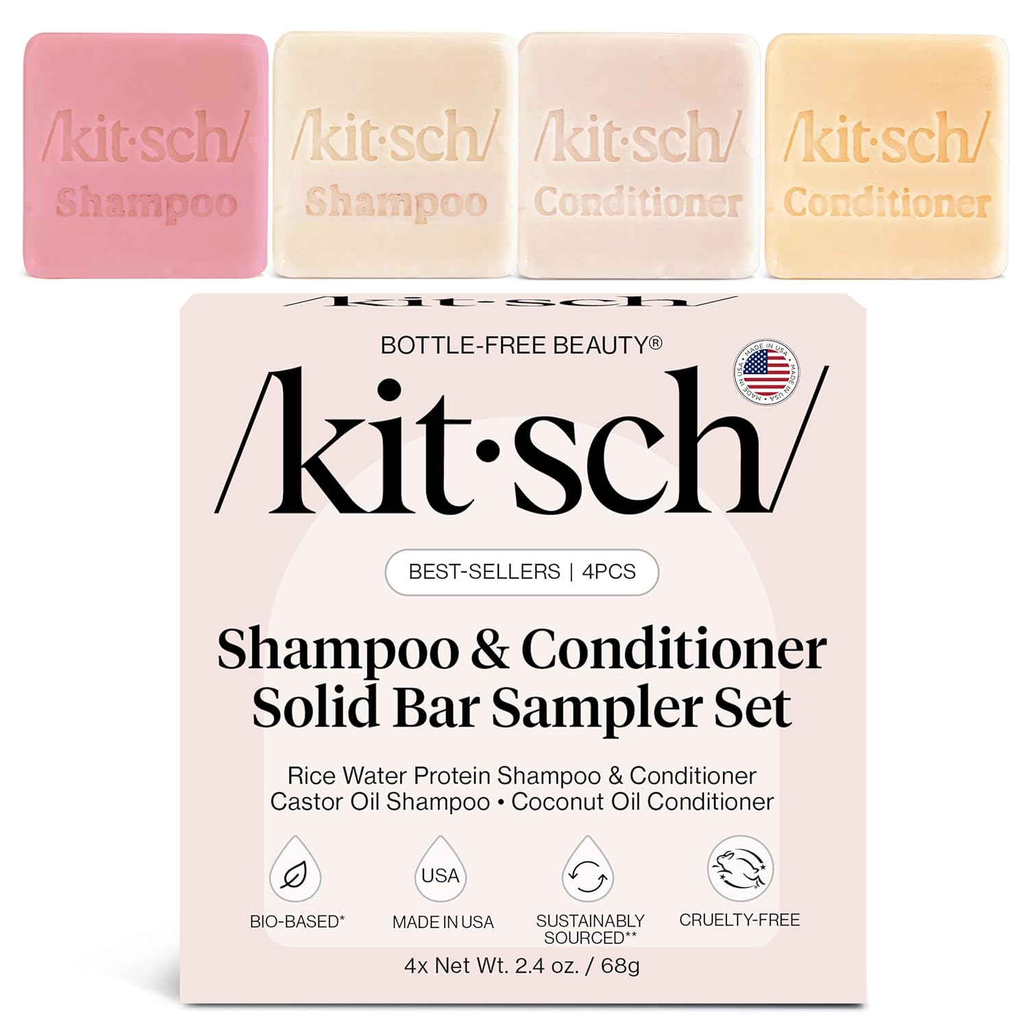 4-piece sampler with 2 shampoo bars (rice water, castor oil) and 2 conditioner bars (rice water, coconut oil)
