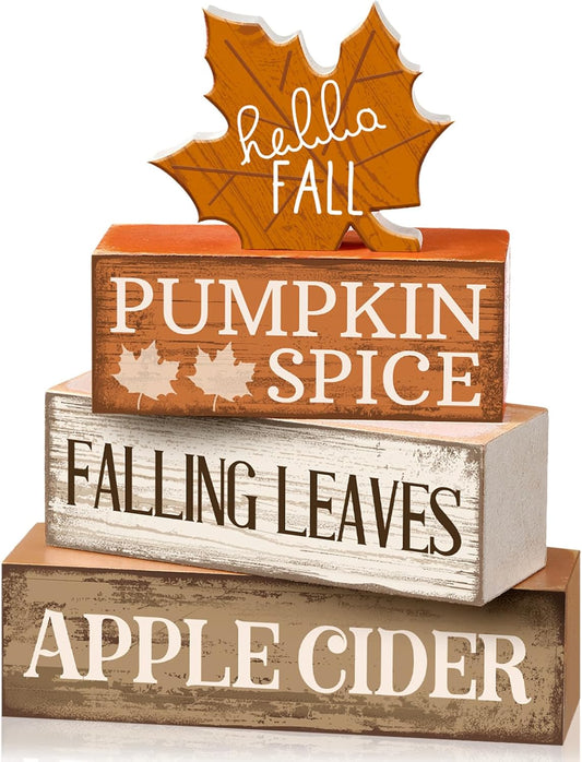 4-piece set: 1 hello fall maple leaf wooden sign plus 3 coordinating wood book stack pieces in graduated sizes (4, 5, and 6 inches)