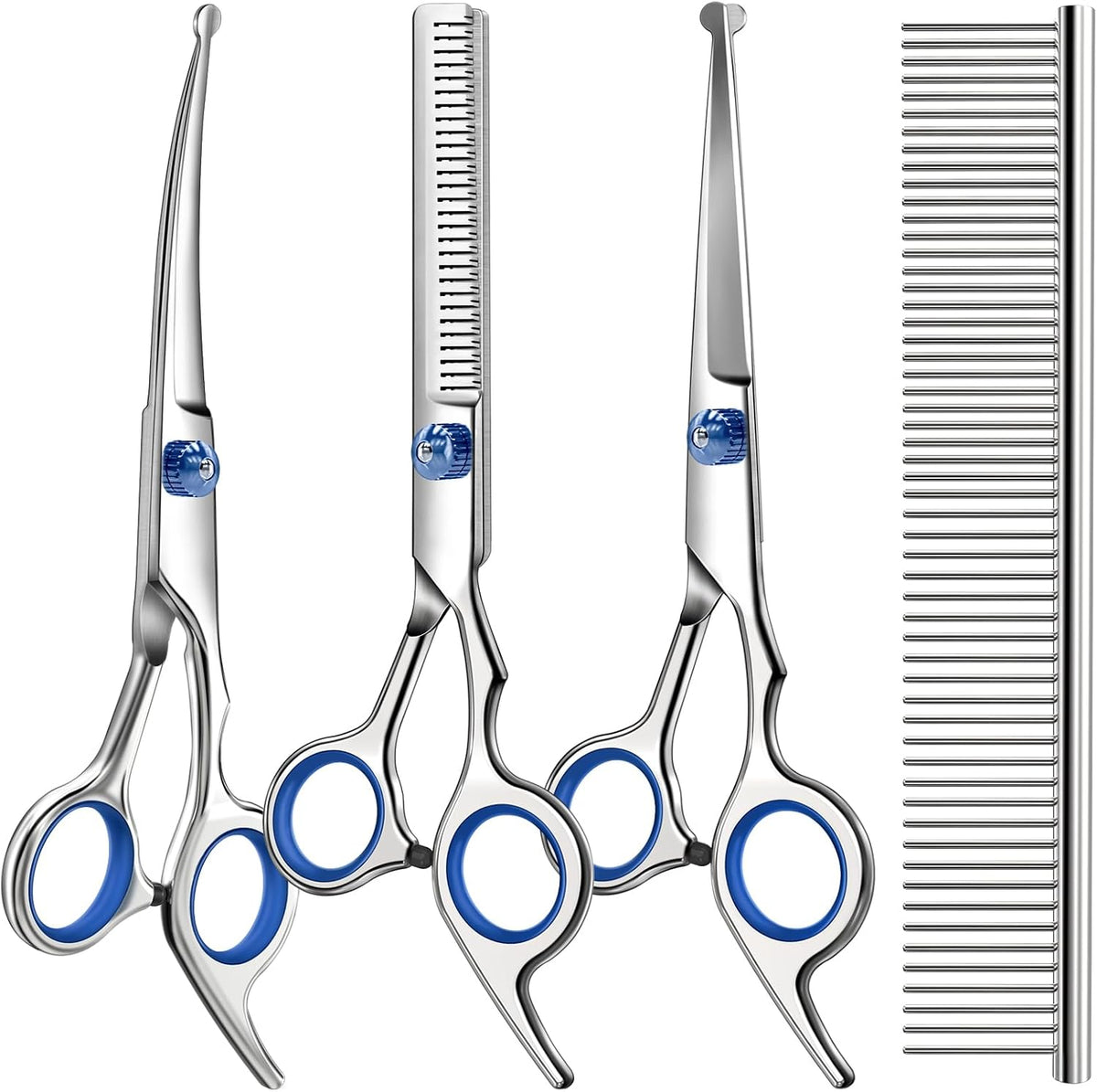 4-piece set: 6.5-inch straight scissors, curved scissors, thinning shears, and rounded-pin stainless steel comb