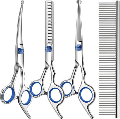 4-piece set: 6.5-inch straight scissors, curved scissors, thinning shears, and rounded-pin stainless steel comb