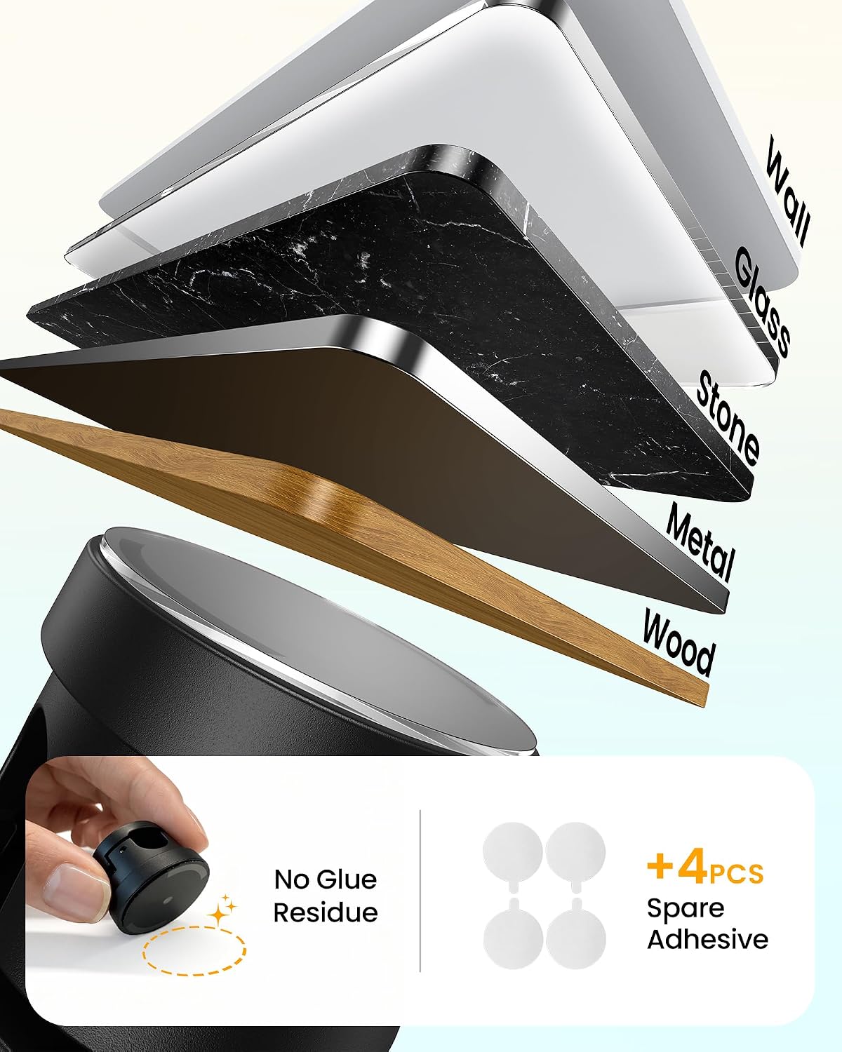 4 replacement adhesive pads included for repositioning and extended product life