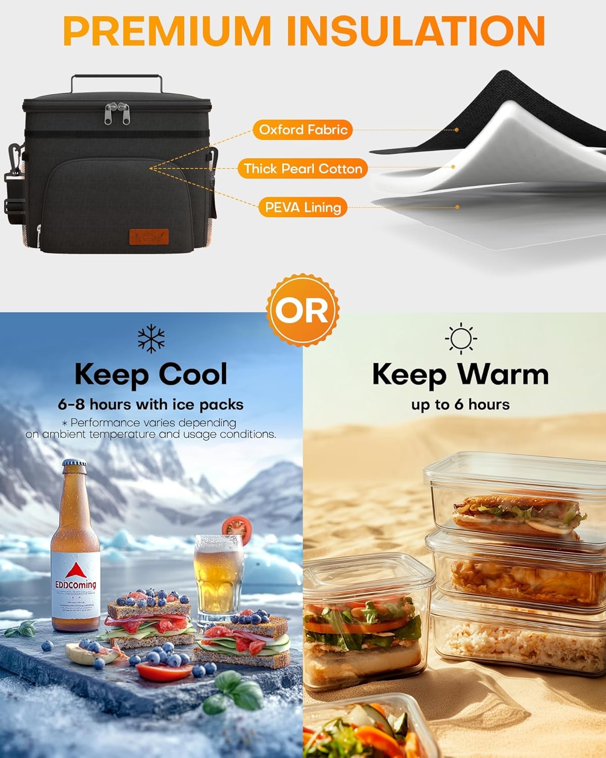 4 storage pockets: front zippered napkin/keys pocket, stretchable mesh water bottle pockets, inner mesh cutlery/ice pack pocket