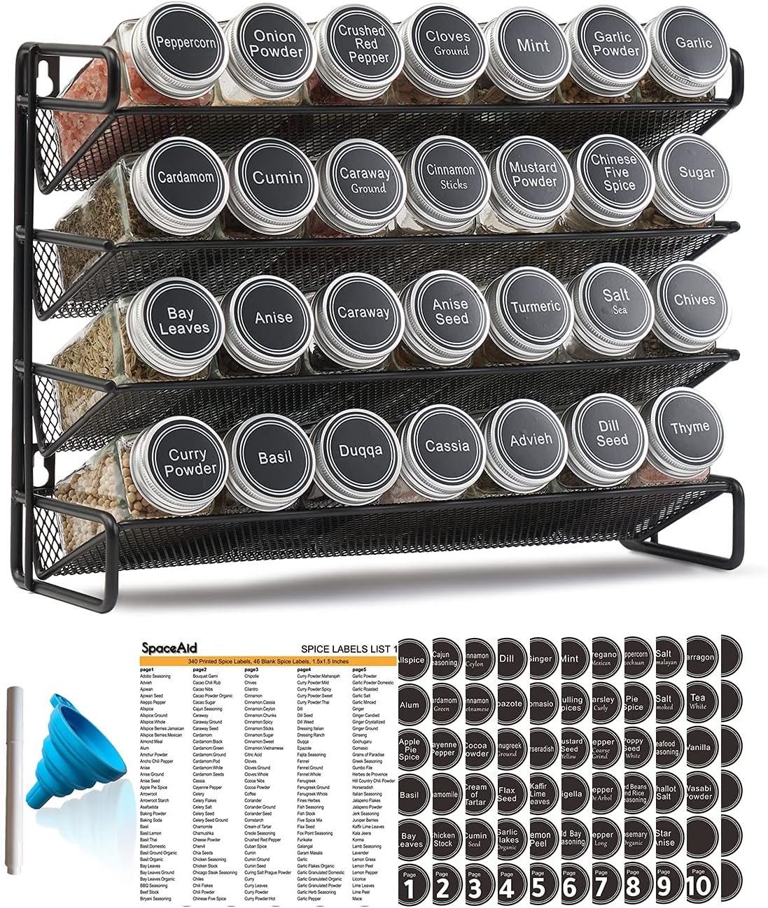 4-tier powder-coated steel spice rack with inclined shelves for visibility