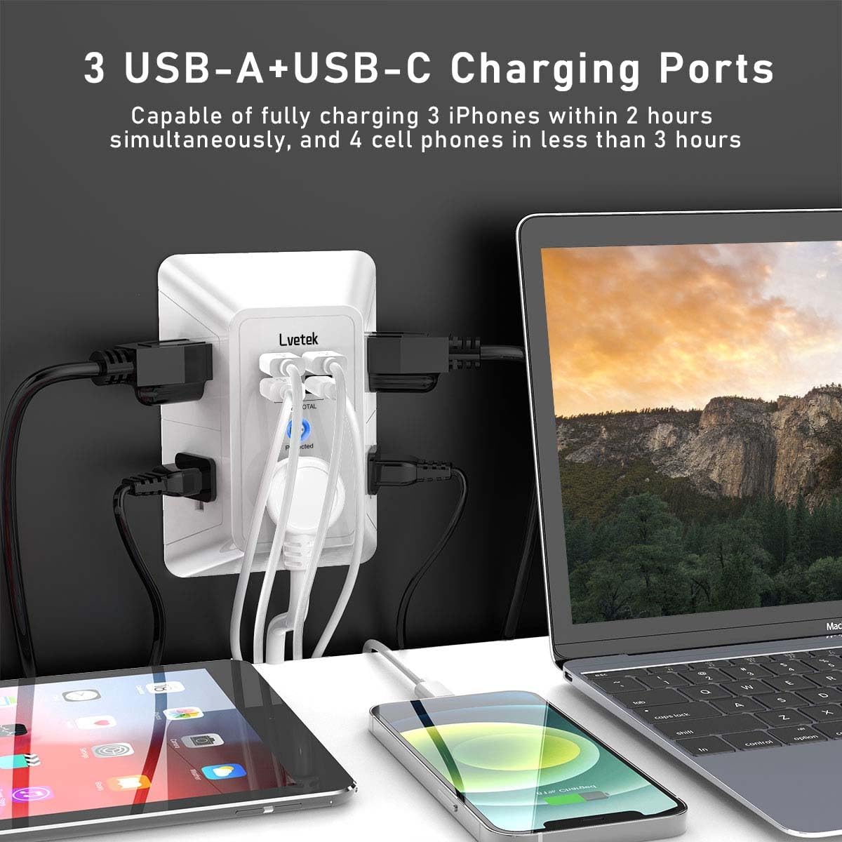 4 usb charging ports total (3 usb-a at 2.4a max + 1 usb-c at 3a max) with smart device detection