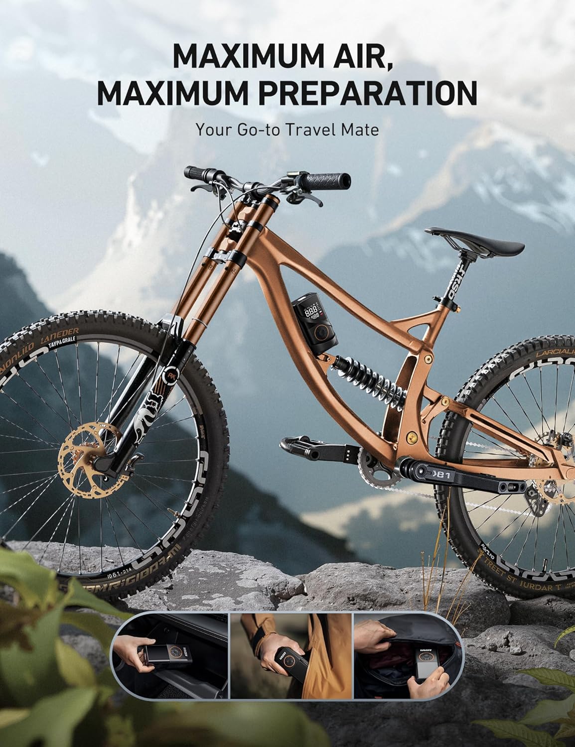 4000mah rechargeable battery delivering up to 8 tire inflations per charge