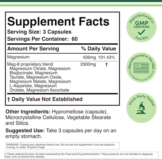 426mg elemental magnesium delivered via 2,300mg of combined forms per serving