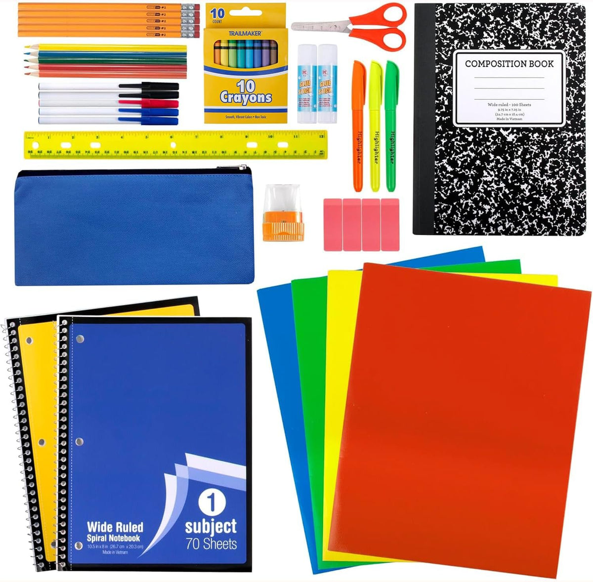 45-piece complete kit covering writing, coloring, measuring, and organizing essentials
