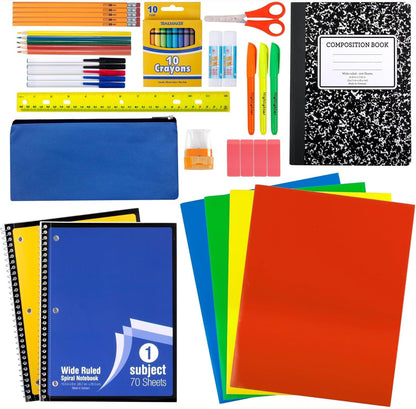 45-piece complete kit covering writing, coloring, measuring, and organizing essentials