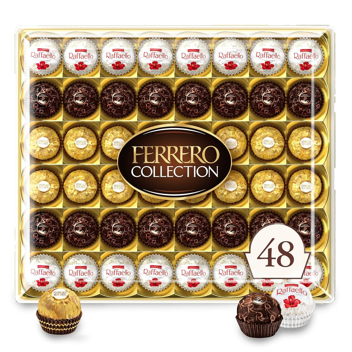 48-count assortment of three ferrero classics: hazelnut rocher, coconut raffaello, and dark chocolate rondnoir