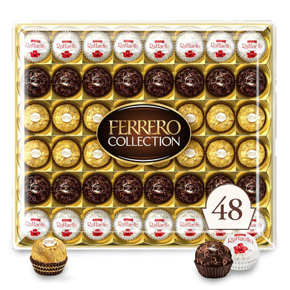 48-count assortment of three ferrero classics: hazelnut rocher, coconut raffaello, and dark chocolate rondnoir