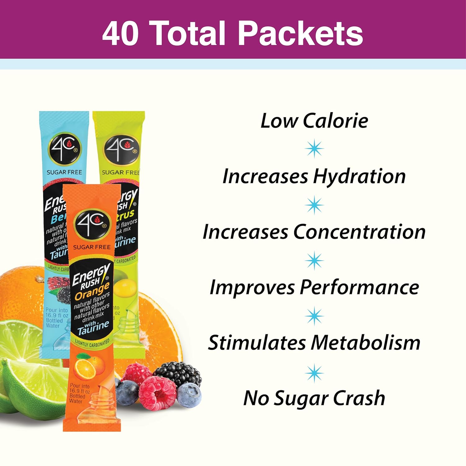 4C Energy Rush Stix – Office Desk Hydration, Zero-Sugar Afternoon Pick-Me-Up Powder Sticks