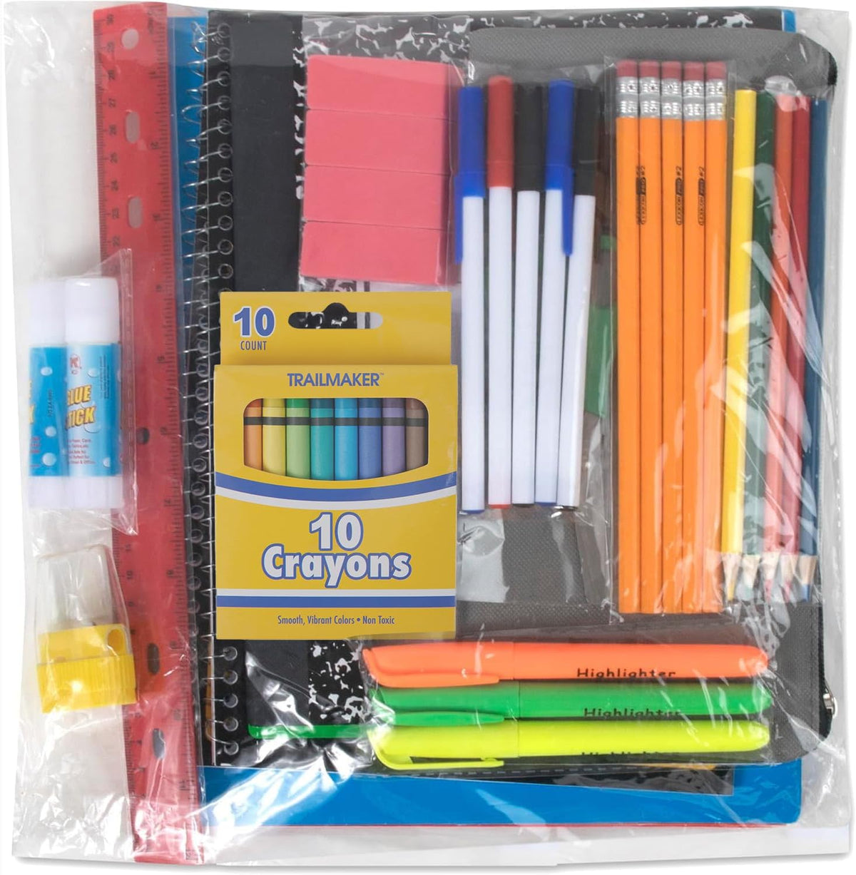 5 #2 graphite pencils, 5 ballpoint ink pens (black, red, blue), 5 primary colored pencils, and 3 water-based highlighters