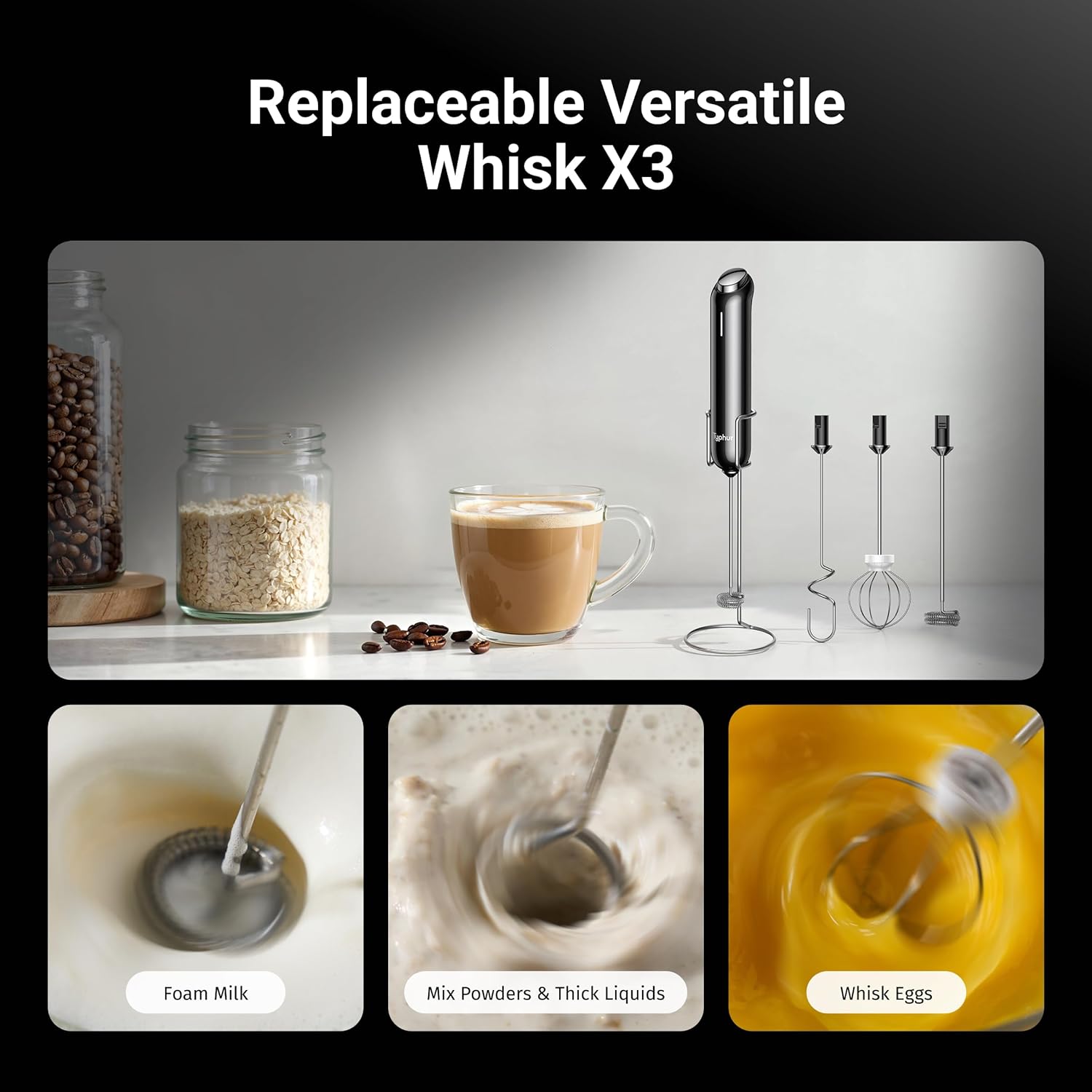 5.76-ounce lightweight plastic body with included charging stand and 3 whisk attachments