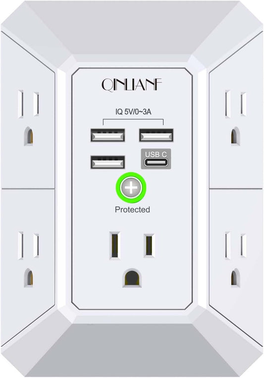 5 ac outlets distributed across 3 sides with 2.1-inch wide spacing