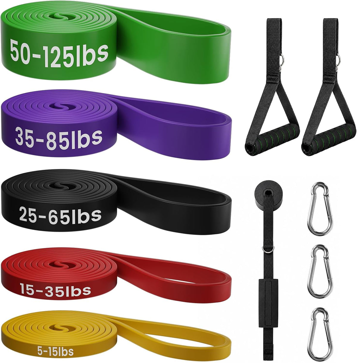 5 color-coded resistance bands ranging from 5 lbs (yellow) to 125 lbs (green) with width-based marking