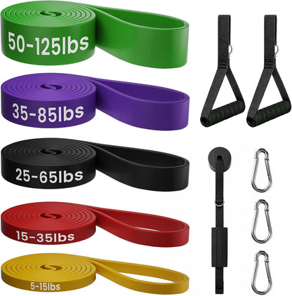 5 color-coded resistance bands ranging from 5 lbs (yellow) to 125 lbs (green) with width-based marking