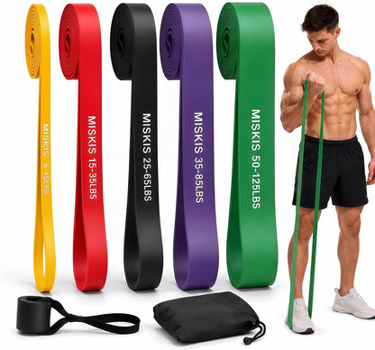 5 color-coded resistance levels: yellow 5-15 lb, red 15-35 lb, black 25-65 lb, purple 35-85 lb, green 50-125 lb