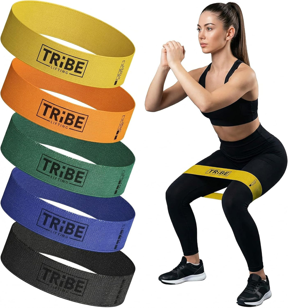 5 fabric resistance bands ranging from 40 lb to 180 lb of tension