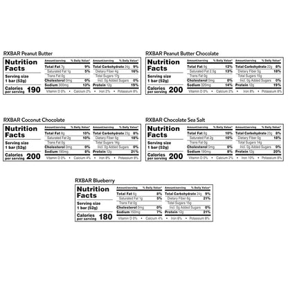 5-flavor variety pack: chocolate sea salt, blueberry, coconut chocolate, peanut butter, peanut butter chocolate