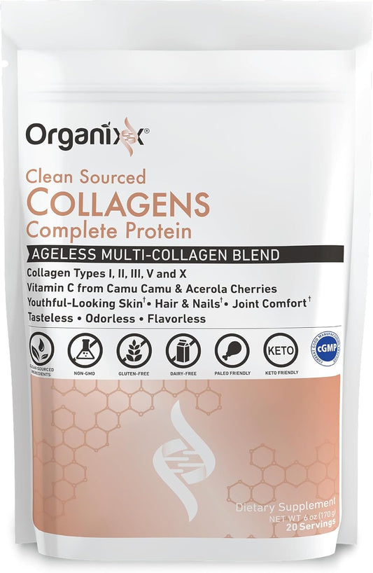 5 hydrolyzed collagen types (i, ii, iii, v, x) from multiple premium sources