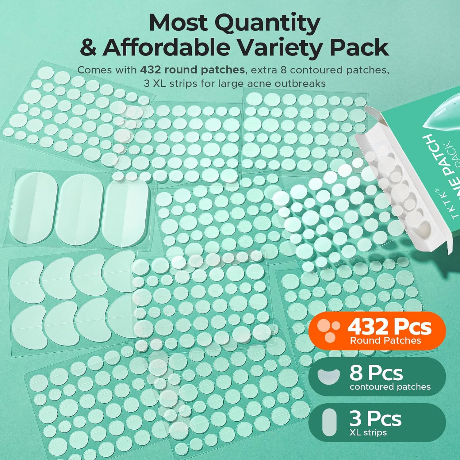 5 patch sizes: 8mm, 10mm, 12mm spots, 33x23mm contoured, 60x30mm xl strips