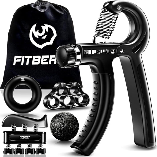 5-piece hand training kit (adjustable hand gripper, finger exerciser, finger stretcher, grip ball, grip ring)