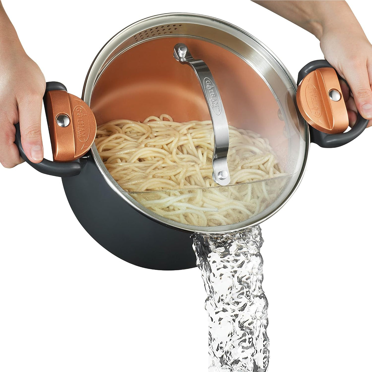5-quart capacity with built-in twist-and-lock strainer lid for in-pot draining