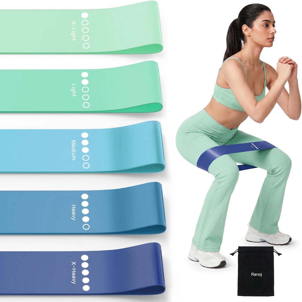 5 resistance loop bands with progressive tension from light to heavy