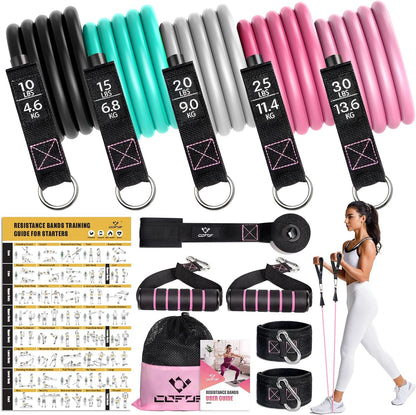 5 stackable natural latex resistance bands delivering 10-150 lbs combined tension