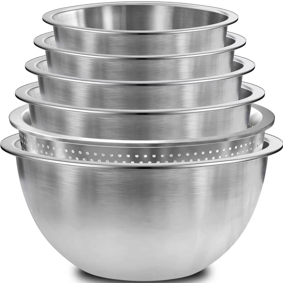 5 stainless steel mixing bowls in sizes 0.8qt, 1.1qt, 1.6qt, 2.2qt, and 4.0qt plus 3qt colander