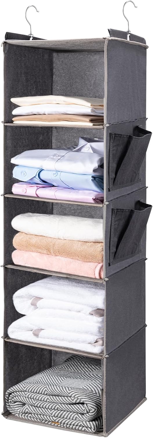 5-tier hanging shelf design with 2 side pockets for small accessories