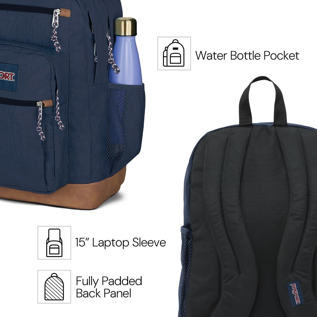 5 total pockets including side water bottle pocket, pleated front stash pocket, and three front zippered utility pockets