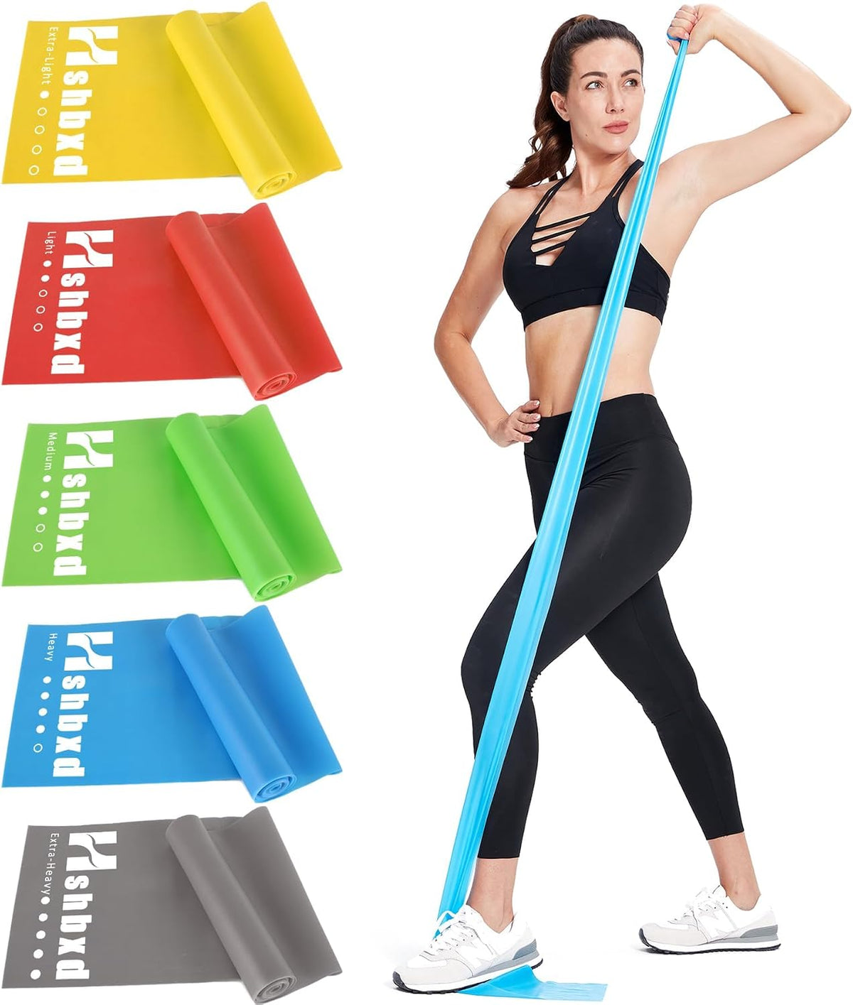 5 tpe resistance bands in 5 calibrated tensions (yellow 5 lbs, red 10 lbs, green 15 lbs, blue 20 lbs, gray 30 lbs)