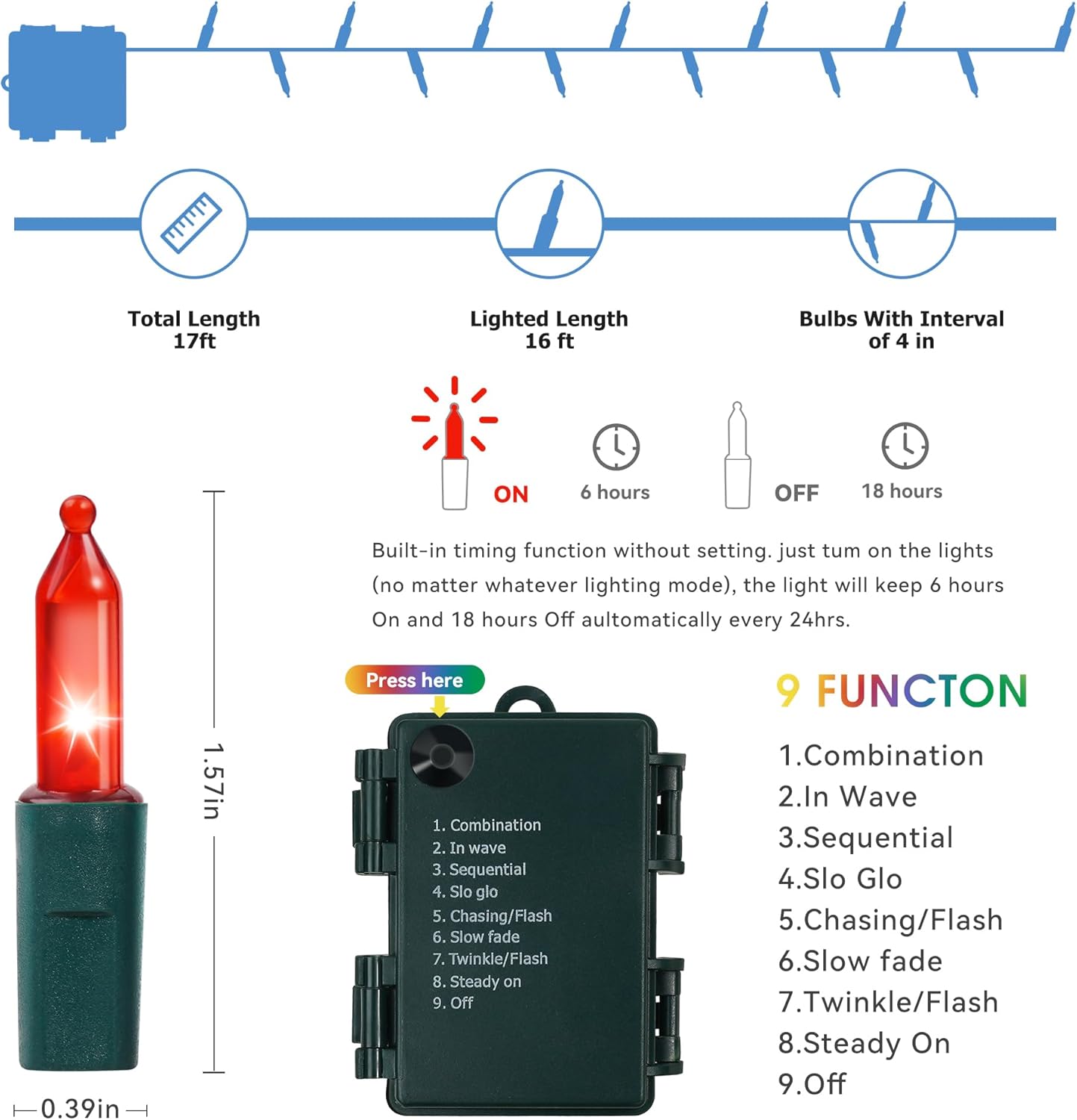 50 led mini bulbs per string, 18ft length with 4-inch lamp spacing