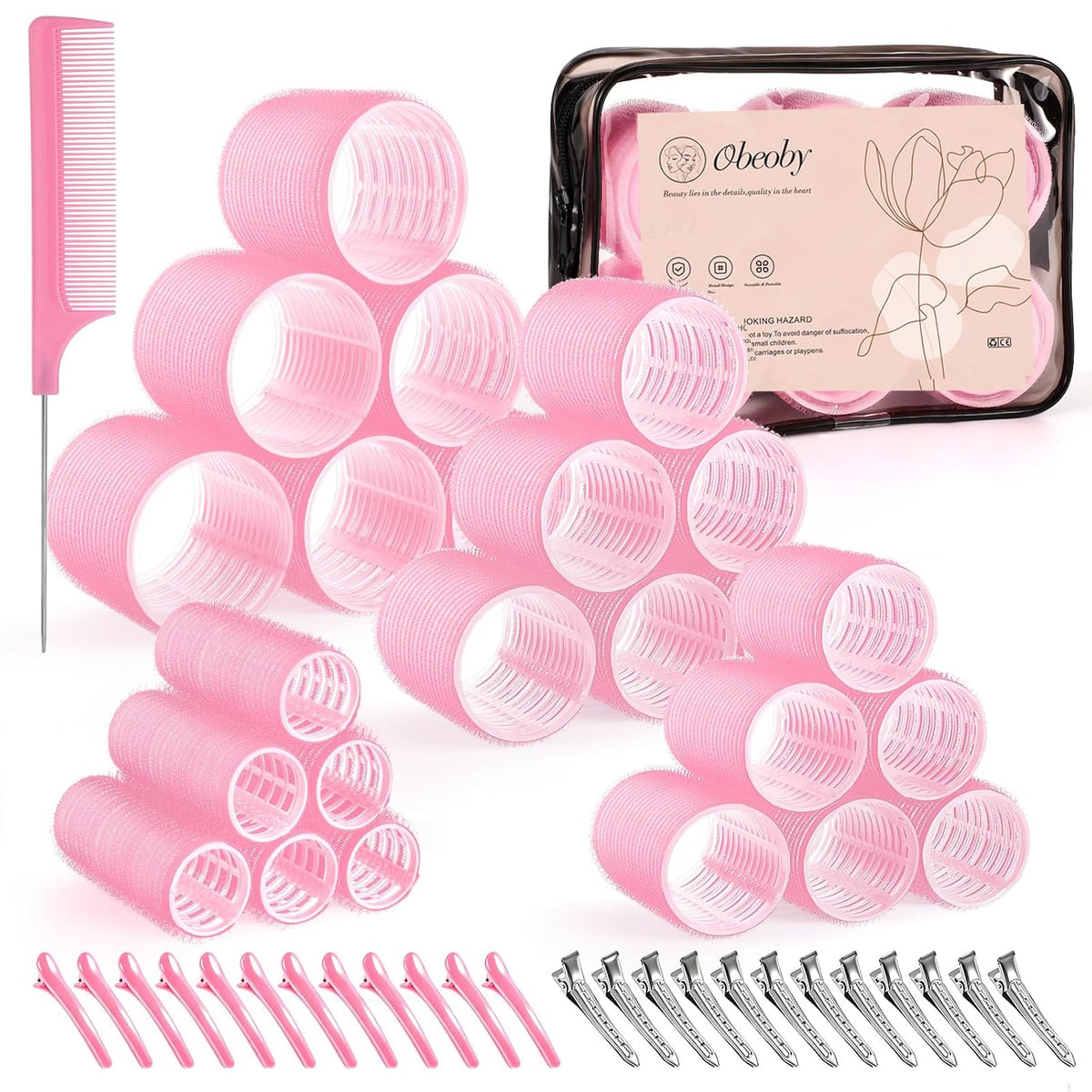 50-piece set with 24 rollers, 24 clips, rat tail comb, and storage bag