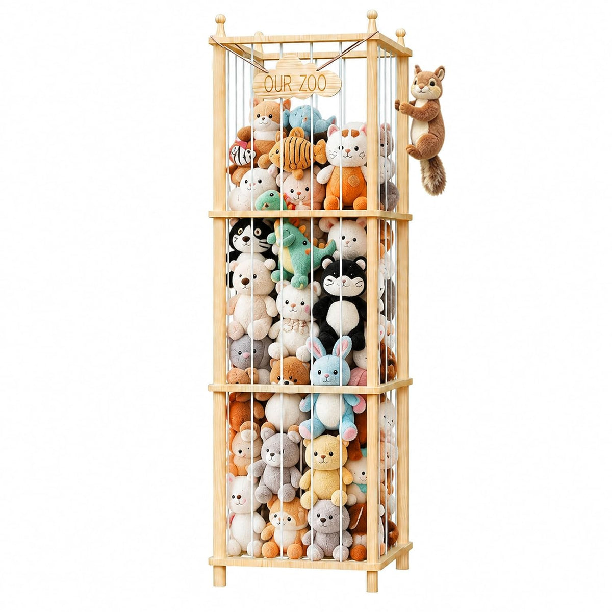 53.94-inch tall vertical tower with 15.75 x 15.75-inch compact footprint, holding 40-60 plush toys